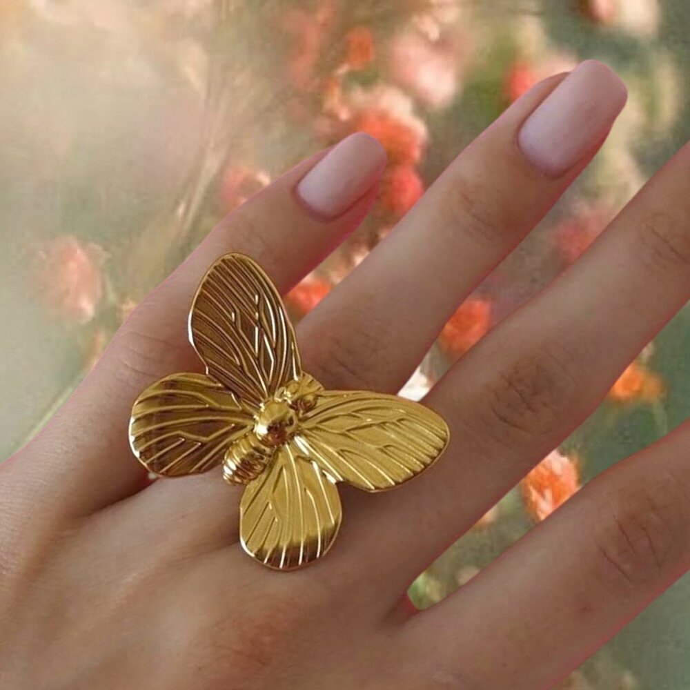 NEW Statement Butterfly Ring 18K Gold Plated Textured Adjustable Fairy